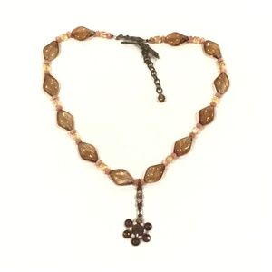 Mary Demarco Flower Pendant Brown Pink & Yellow Glass & Stone Beaded Necklace